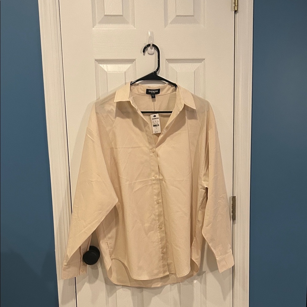 Express women’s Cream Button-Up Shirt. Long and oversized. Cotton